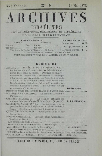 Archives israélites de France. Vol.34 N°09 (01 mai 1873)